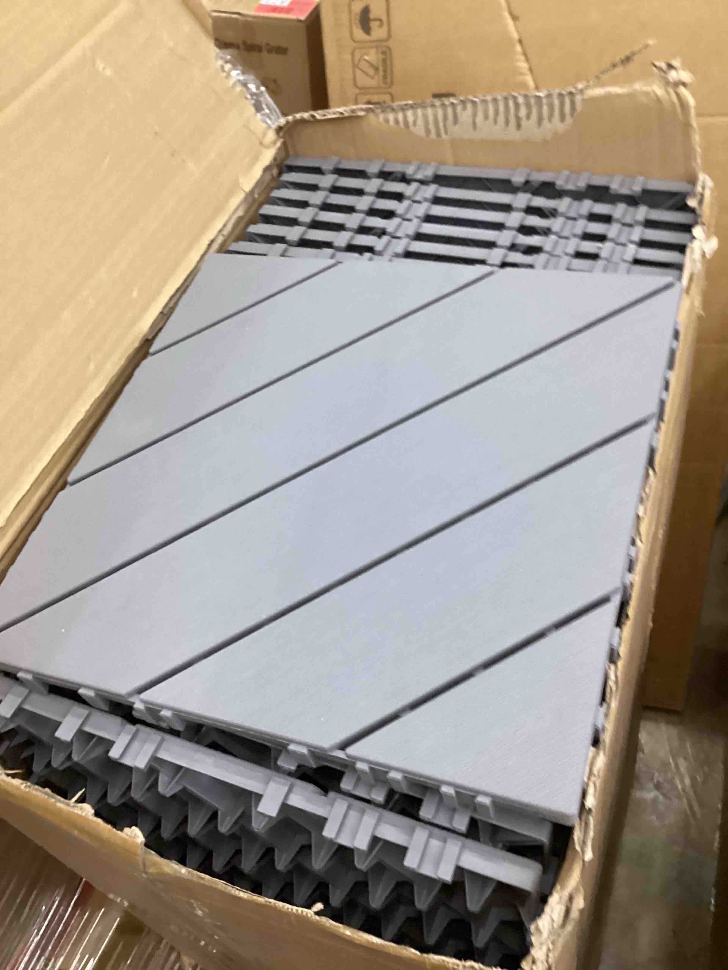 Condition photo showing New/Like New for 72 pcs plastic interlocking deck patio tiles - 12" x 12" anti-slip waterproof outdoor flooring, balcony floor decking for poolside & backyard, all weather use, grey, diagonal
