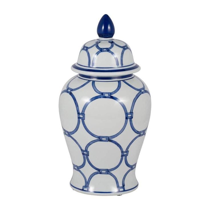 18 in. Blue/White Ceramic Links Temple Jar