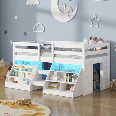 Twin Wooden Low Loft Bed With Stairs & Safety Guardrail, Loft Bed Twin Size With Bookcase And Under-Bed Play Space By Harriet Bee Color: White  See all options  (INCOMPLETE ONLY ONE BOX) 