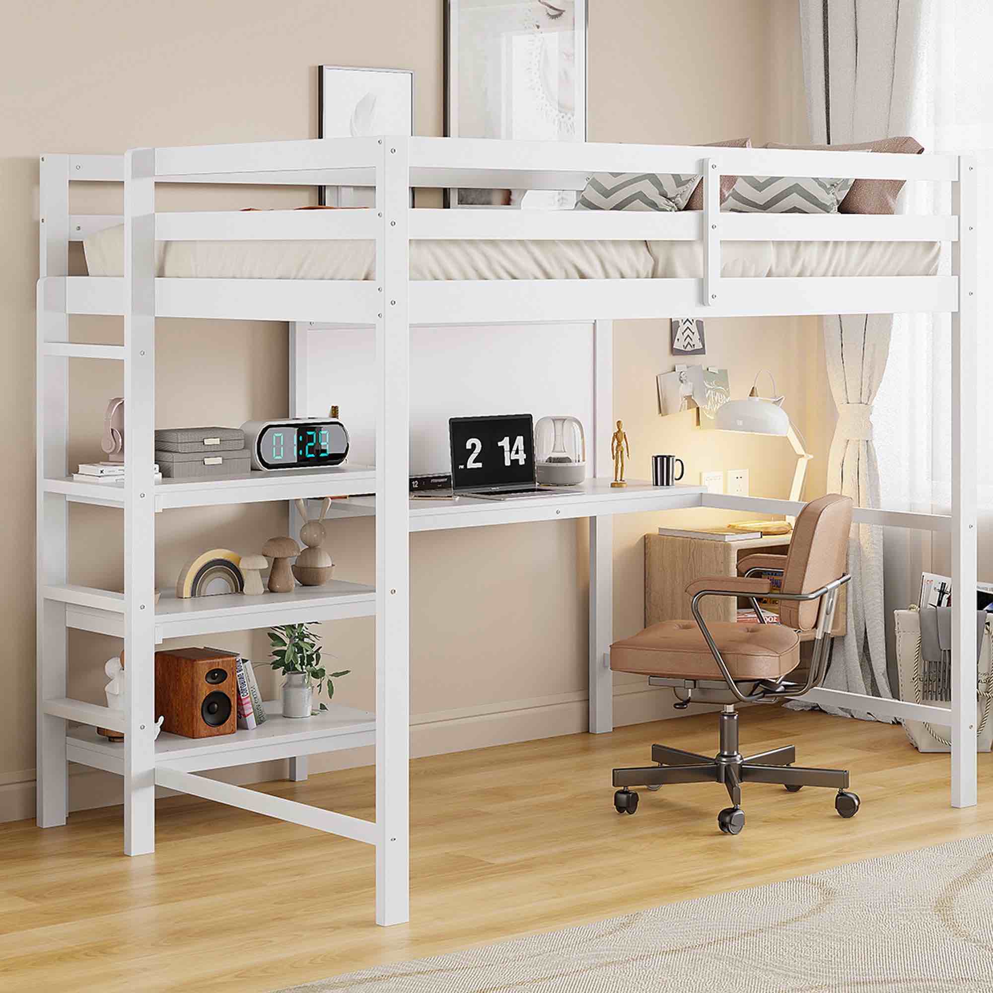 LHYY Twin Size Wooden Loft Bed with Shelves,Desk and Writing Board-White (Pickup 2  boxes ) 