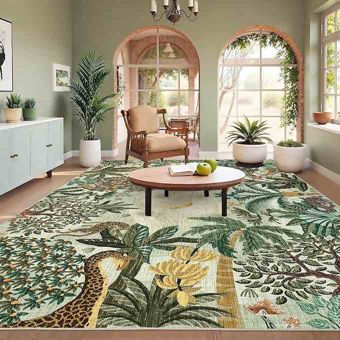 garveehome large area rugs 9x12 for living room, jungle animal washable rug soft non slip backing floor mat carpet indoor thin green accent rug for bedroom dining room playroom nursery home decor