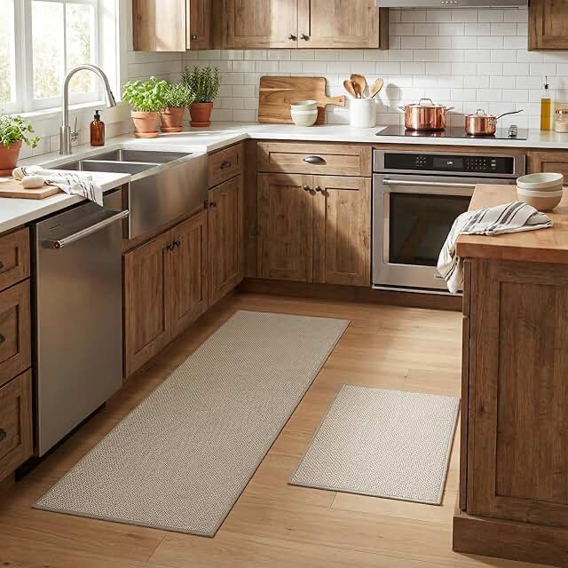 granny says kitchen mats for floor, kitchen rugs sets of 2 non slip washable, absorbent kitchen runner rugs, 17×30 + 17×47 anti fatigue kitchen floor mat 2 piece with rubber backing, tan