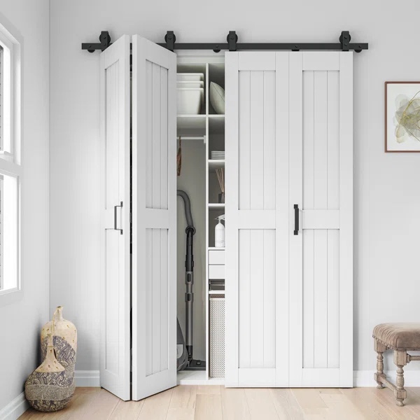 84" manufactured wood double bifold sliding barn doors with installation hardware kit, top-mounted hanger