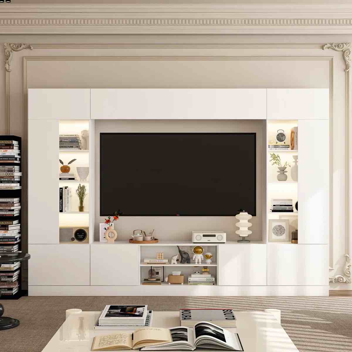114.2" w entertainment center with led lights, bookcases, cabinets, and open shelves ( black color , incomplet)