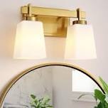 Morauroral 11 in. 2-Light Brushed Gold Bathroom Vanity Light with Frosted Glass Square Shades Classic Wall Sconce for Damp Location