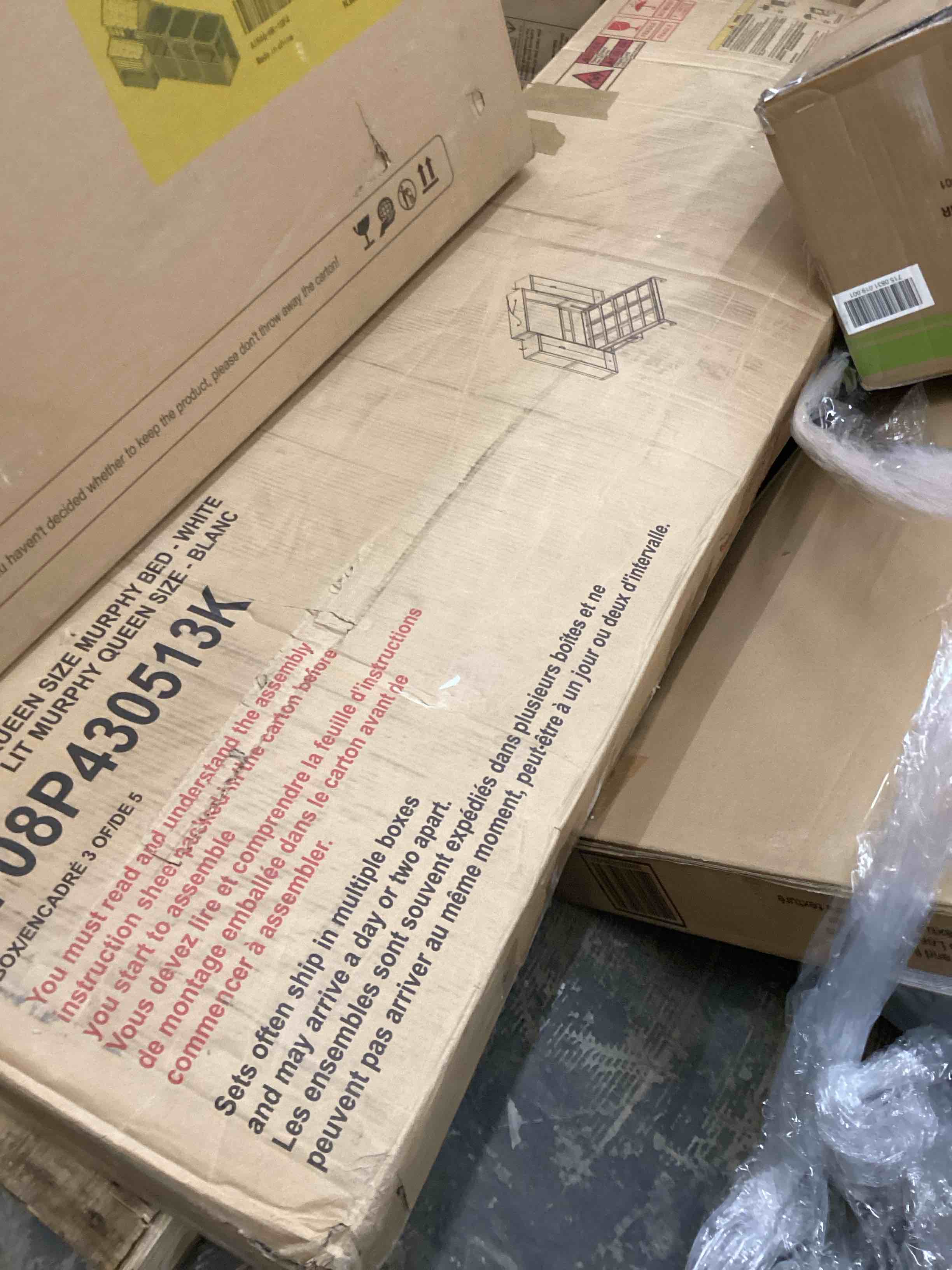 Condition photo showing As Is for queen size murphy bed wall bed with shelves and led lights,wood wall bed can be folded into a cabinet,modern foldable frame for multipurpose guest room or home office (white@095) (incomplete only box #3 of 5)
