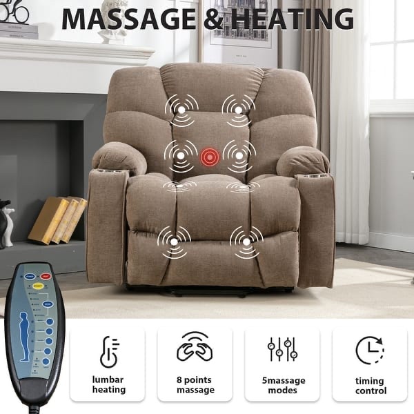 Power Lift Recliner Chair With Electric Massage And Heat For Elderly With 2 Cup Holders - Light Brown (incomplete one box of two only)