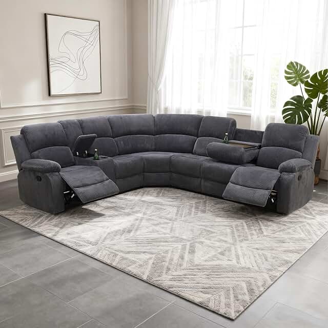 Manual Recliner Sectional Sofa for Living Room,L Shaped Reclining Sectional Corner Couch,Gray Corduroy Recliner Sofa Set with Storage Console/Drop Down Coffee Table/Cup Holders (it’s dirty with warehouse dust)