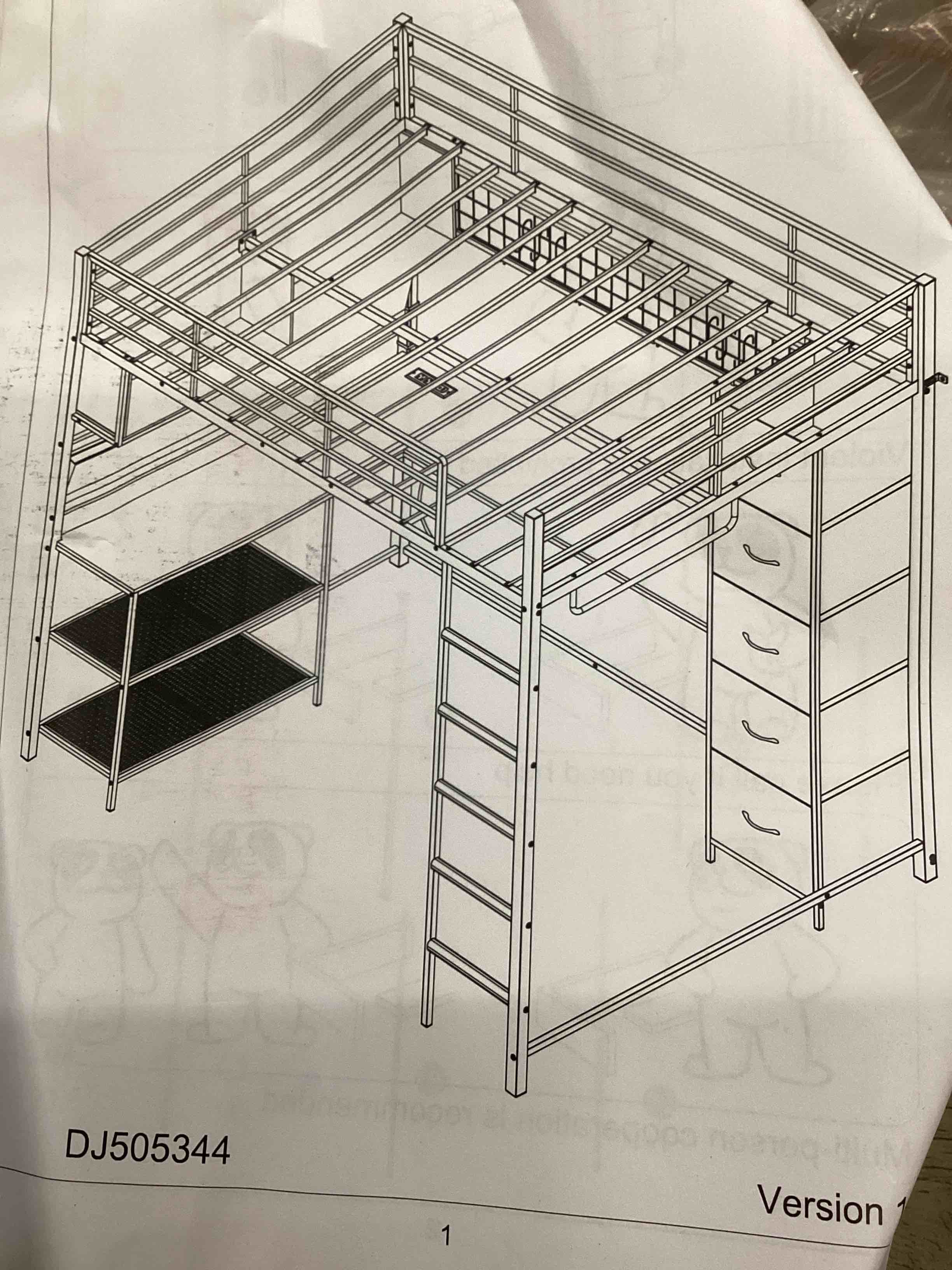 Loft Bed with l-shaped Desk, LED Lights, Charging Station, Metal Loft Bed Frame with 5 Storage Drawers, white (incomplete one box of two only)