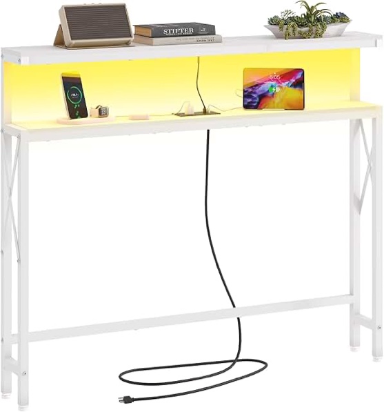 Skinny Console Table with Charging Station and LED Light,5.9" Narrow Sofa Table with Power Outlets and Type C & USB Port, Behind Couch Table for Living Room, Hallway, EntryWay, White