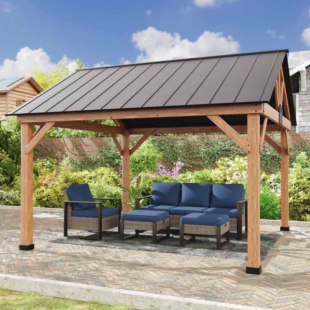 JOYSIDE 13 ft. x 11 ft. Cedar Wood Hardtop Outdoor Patio Gazebo with Galvanized Steel Roof and Ceiling Hook (INCOMPLETE ONLY ROOF) 