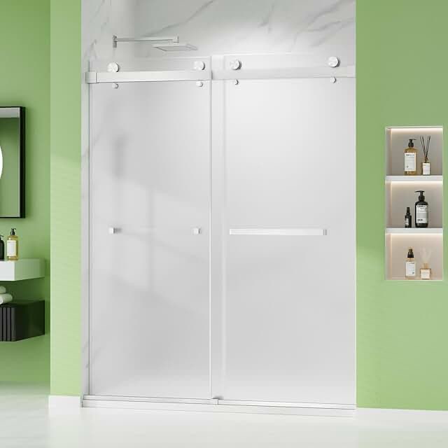 Shower Door 60" W x 76" H Double Sliding Door Frosted Shower Door with 1/4" (6mm) SGCC Ultra-Clear Glass, Brushed Nickel