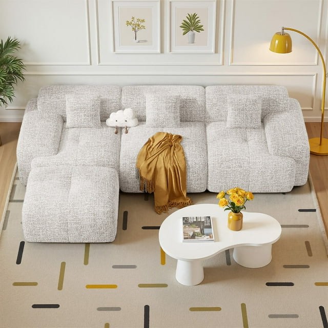 Hawsaiy 122" Modern L-Shaped Modular Sectional Sofa with Ottoman, 4-Seater Convertible Cloud Couch, Chenille Fabric, No Assembly Required, Beige (INCOMPLETE ONLY BOX A)