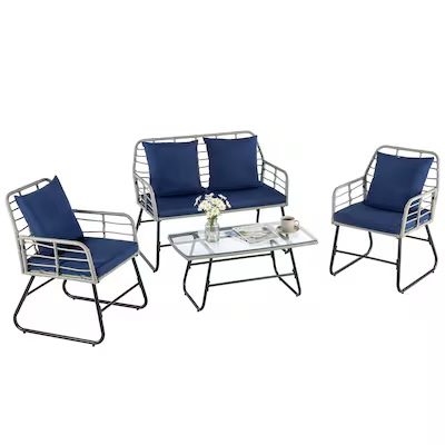 Sweetcrispy 4-Piece Wicker Patio Conversation Set with Blue Cushions