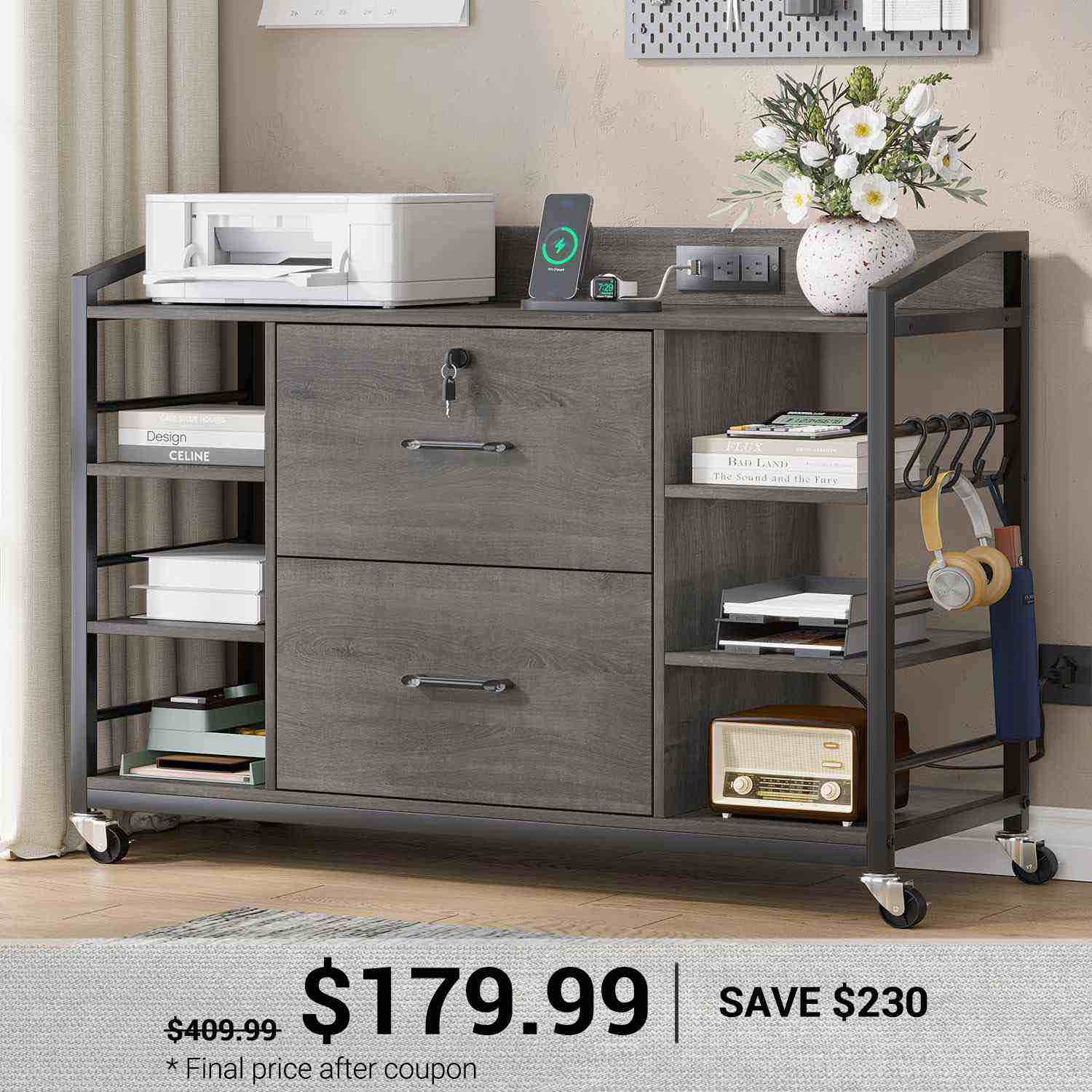 SEDETA 44 Inch 2 Drawer File Cabinet Filing Cabinet with Power Strip Lock 6 Storage Shelves