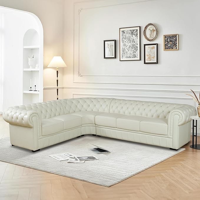 L-Shaped Set Luxury Leather 6-seat Couch, Classic Button Tufted Upholstered Sectional Corner Left Chair Sofa for Living Room, White (BOX 1 OF 3 ONLY) 