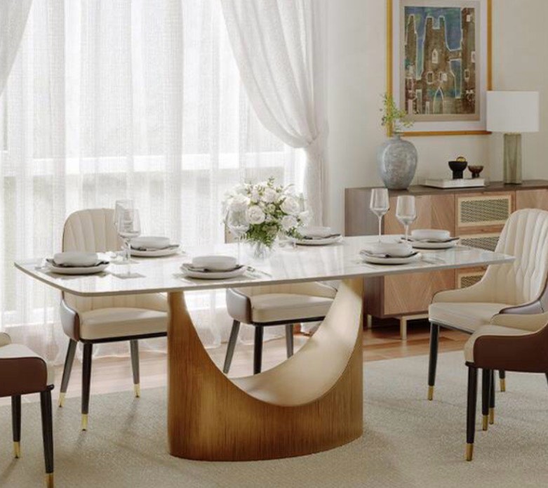POVISON - 79" Modern Minimalist Dining Table for 6-8, White Rectangular Glossy Sintered Stone Tabletop, Bronze Carbon Steel Leg - Glossy White Sintered Stone with Bronze (contains only table base)