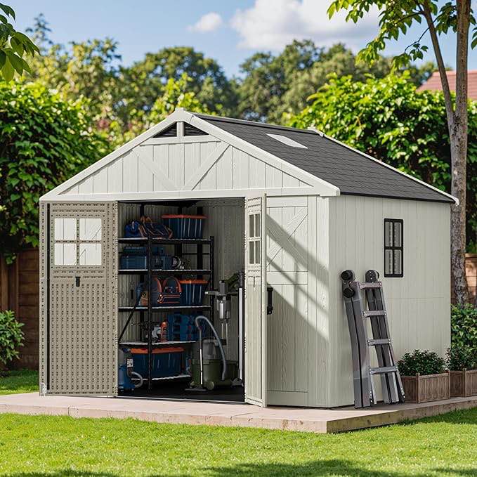 patiowell 10 x 8 ft outdoor storage shed, plastic shed with floor and skylight, resin storage shed with four-window and lockable door for garden, patio, backyard, beige (incomplete 5 boxes only) ( boxes # 13, 8, 6, 1 and 3)