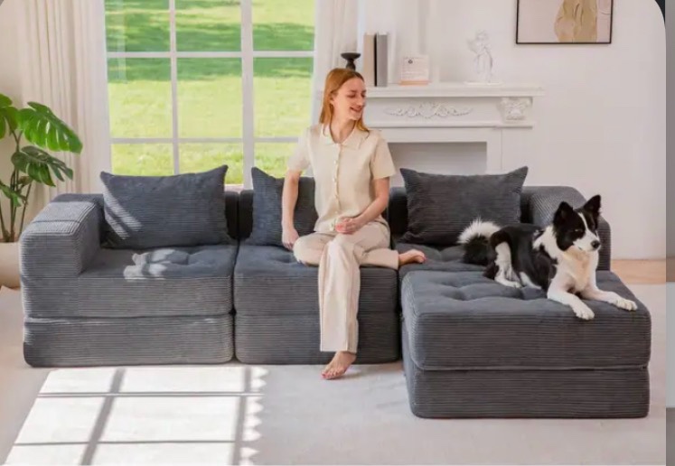 Maxyoyo Modular Black Corduroy Sectional Sofa Couch Foldable L-Shaped Folding Sofa Bed with Ottoman - (incomplete)n