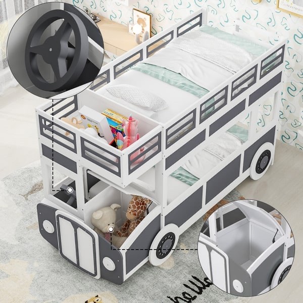 Twin over Twin Bus-Shaped Bunk Bed with Wheels & Storage - Gray & White (incomplete 2 boxes of 3 only) (box # 3 and 2)