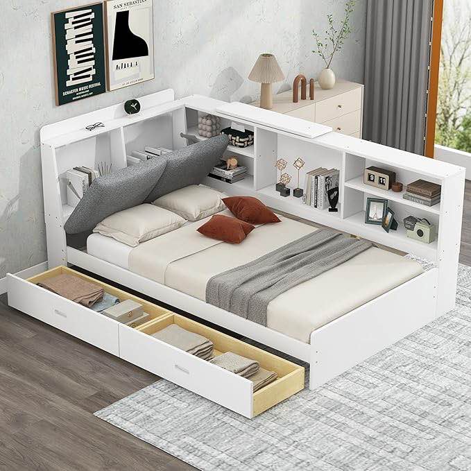 Twin Size Platform Bed with Upholstered Headboard, Storage Shelves, Rotatable Board and 2 Drawers, White Solid Wood Frame (incomplete one box of two only) (box # 1)