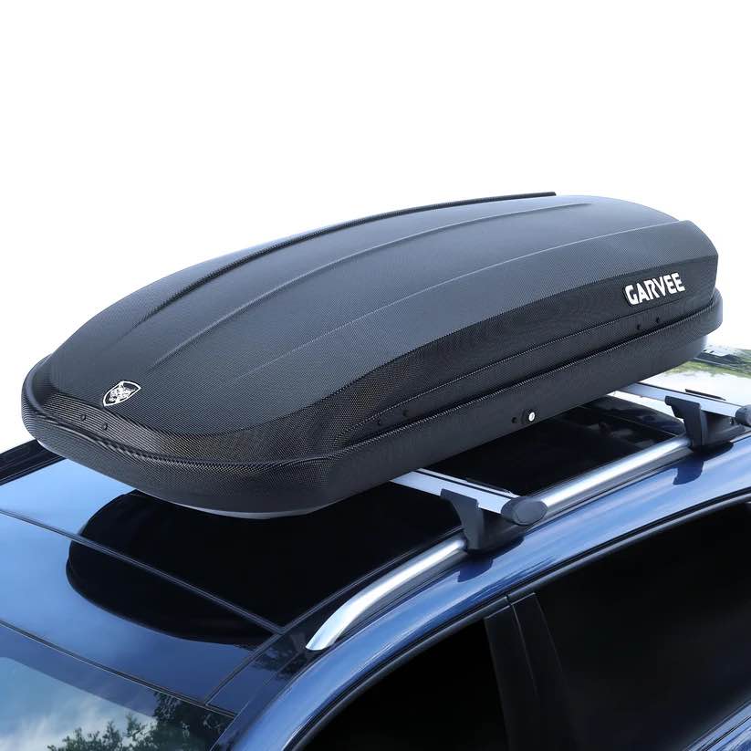 garvee rooftop cargo box carrier, dual-side opening hard-shell roof mount with 12 cubic feet storage, 165 lbs capacity, secure straps & keys for travel, black (incomplete missing keys)