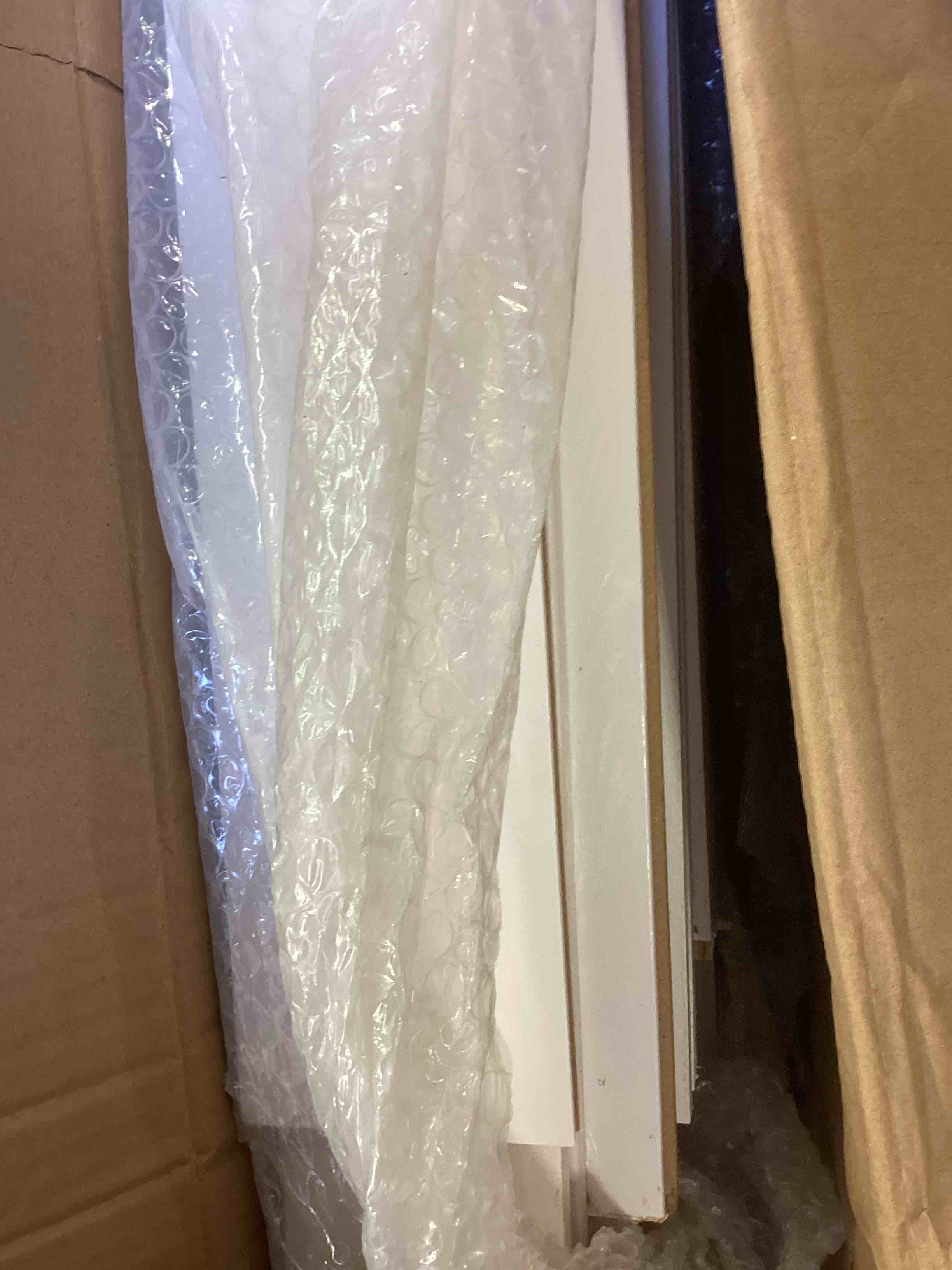 Condition photo showing As Is for s&z tophand® mdf barn door with 6.6ft sliding hardware kit, solid barn door slab covered with water-proof pvc surface