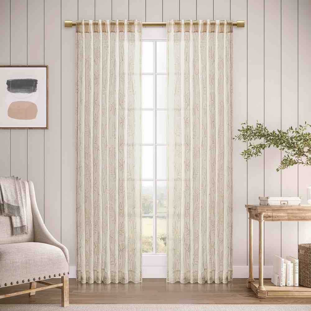 Condition photo showing New/Like New for gorgeous sheer leaf embroidered rod pocket w back tab panel - 52"w x 96"l - oatmeal
