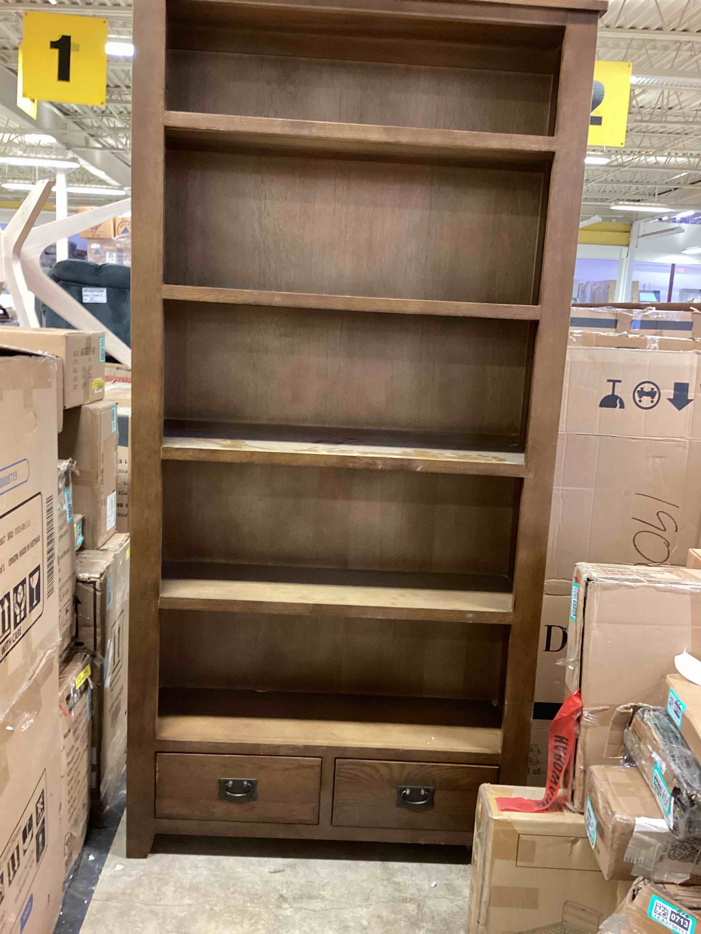 Condition photo showing Good Condition for crafters and weavers mission quarter sawn oak open shelf bookcase in walnu  12.5"d x 31.5"w x 80"h