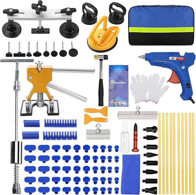 97pcs auto body dent repair tool kit, paint-friendly dent repair kit with golden lifter, slide hammer t-bar dent puller, bridge puller, suction cup and glue gun for car dent remove tools kit