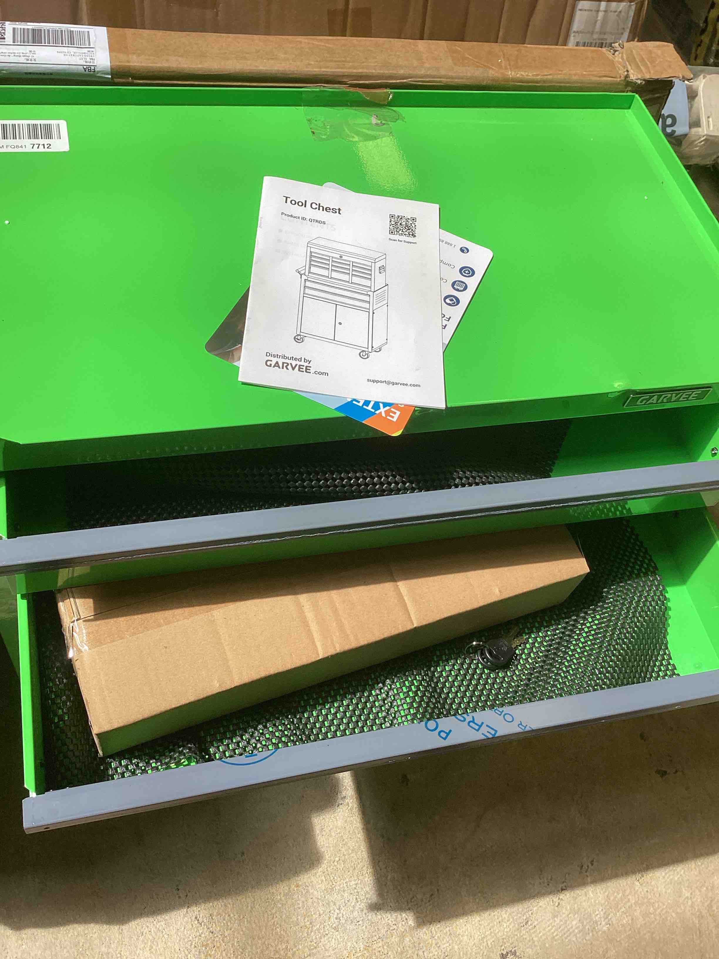 Condition photo showing As Is for garvee large capacity 20-inch 5-drawer rolling tool chest & cabinet - 2-in-1 detachable metal organizer with lockable wheels, lock bar, tool rack & liner for garage & workshop - green