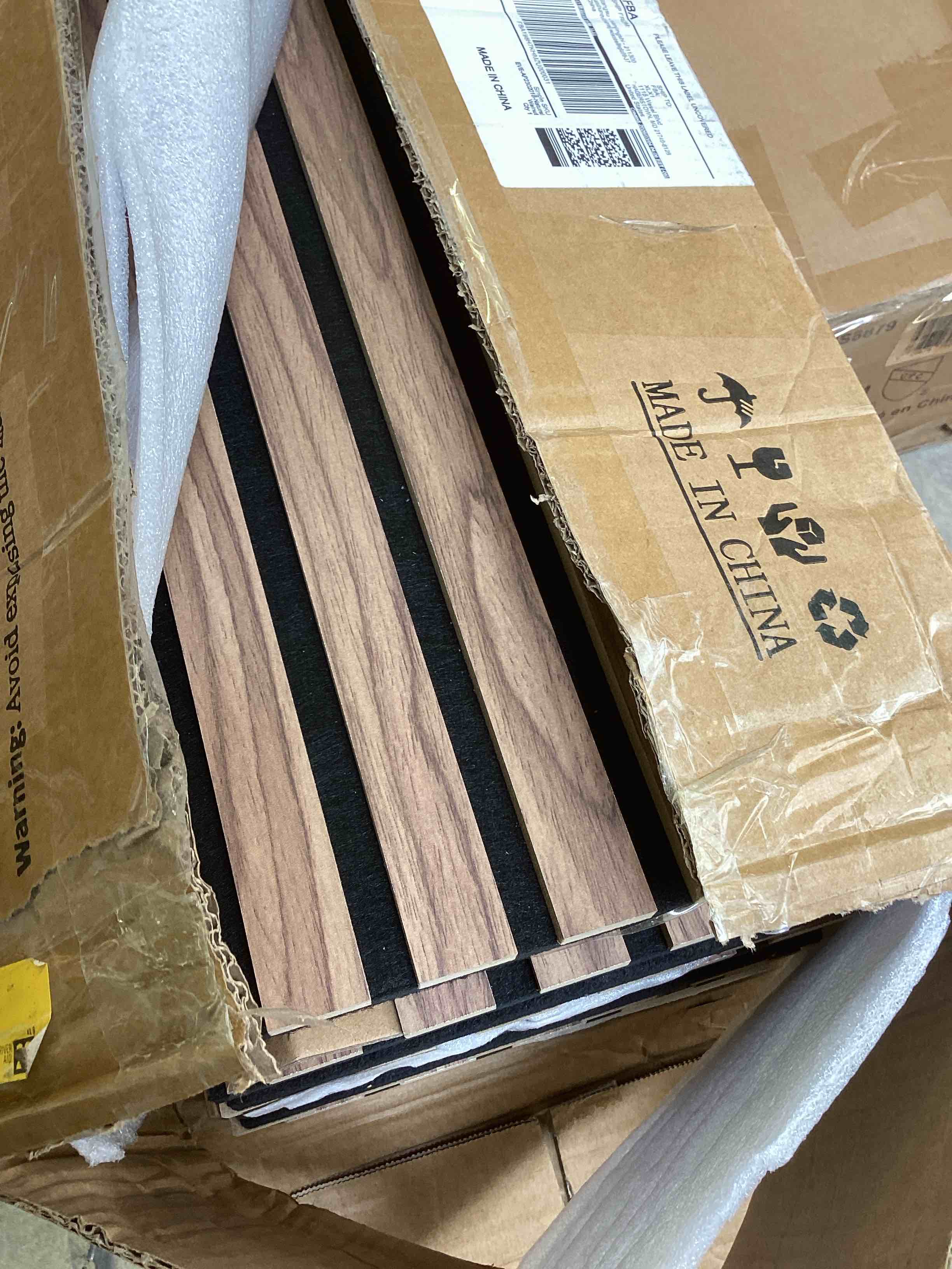 Condition photo showing New/Like New for 6-pack acoustic wood slat wall panels for interior decor, 3d fluted sound absorbing wood paneling for accent wall ceiling kitchen living room bedroom office, 94.5 x 7.9 inch deep natural