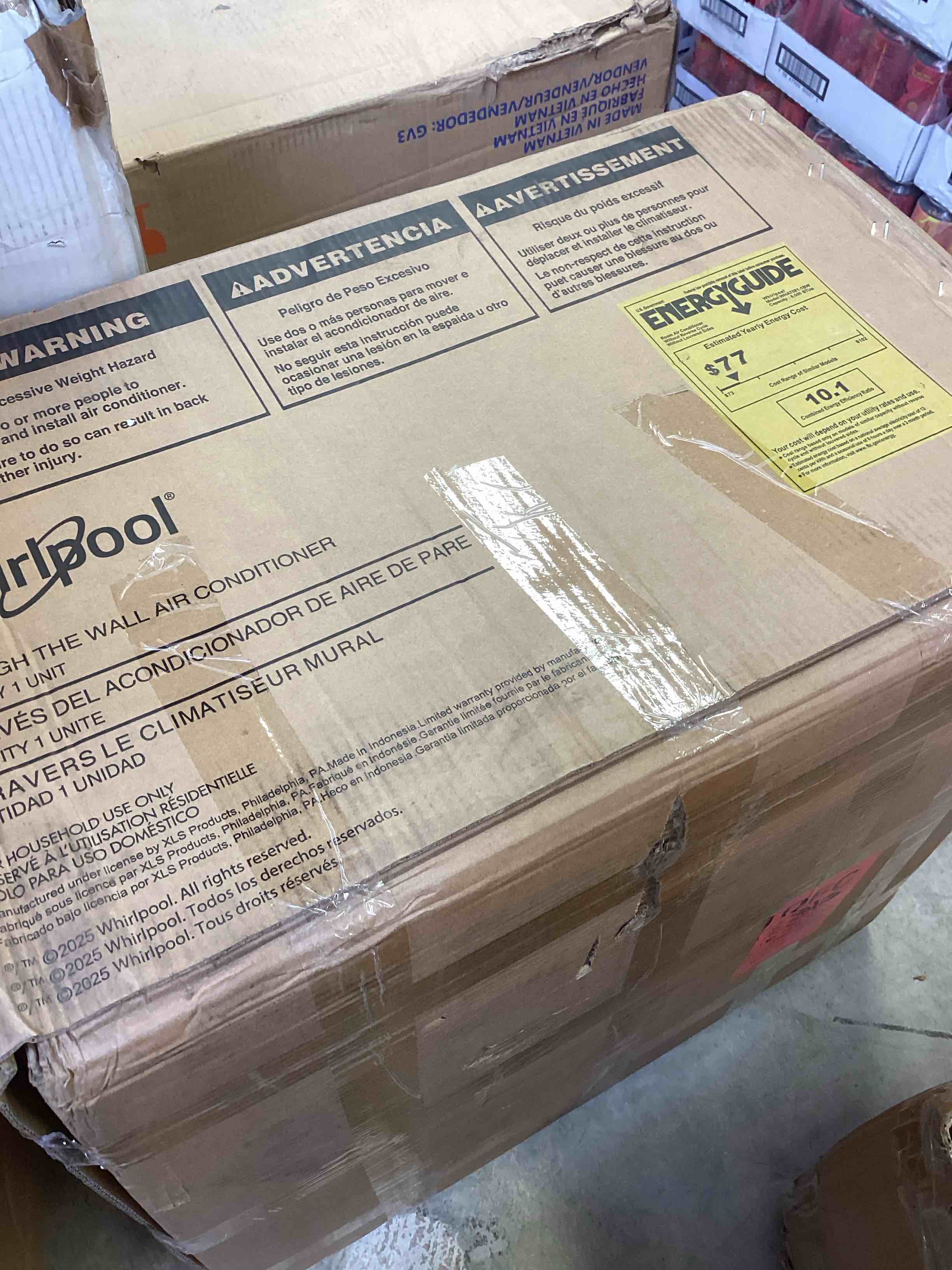 Condition photo showing New/Like New for whirlpool 8,000 btu through the wall air conditioner, 115v, cools up to 350 sq. ft. for living room, bedroom, kitchen with dehumidifier and remote control, white bright white 8000 btu cool only 115v