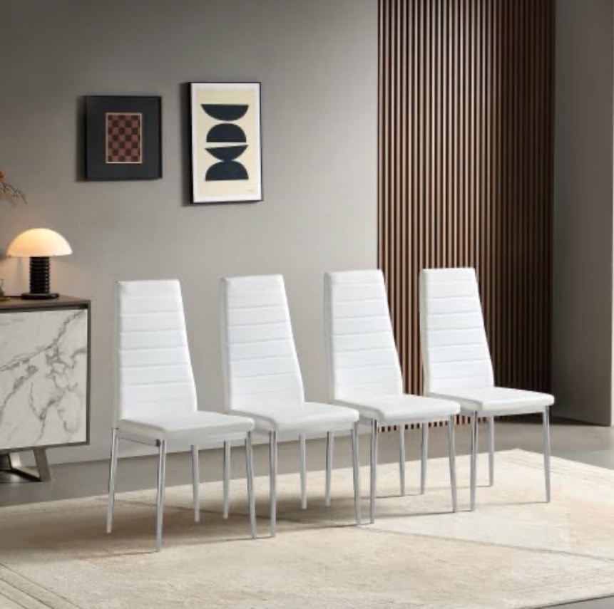 4 Pcs Modern Dining Chairs, PU Leather Upholstered with Chrome Legs, Comfortable Kitchen Chairs Set for Dining Room, Sturdy 280lbs Weight Capacity. (White)