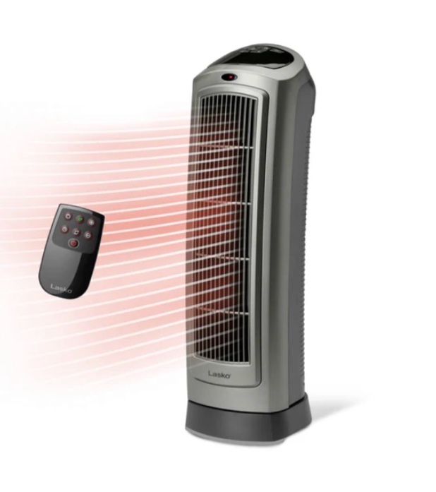 lasko portable oscillating ceramic space heater tower with digital display, remote control, 2 heat settings and 8 hour timer, gray