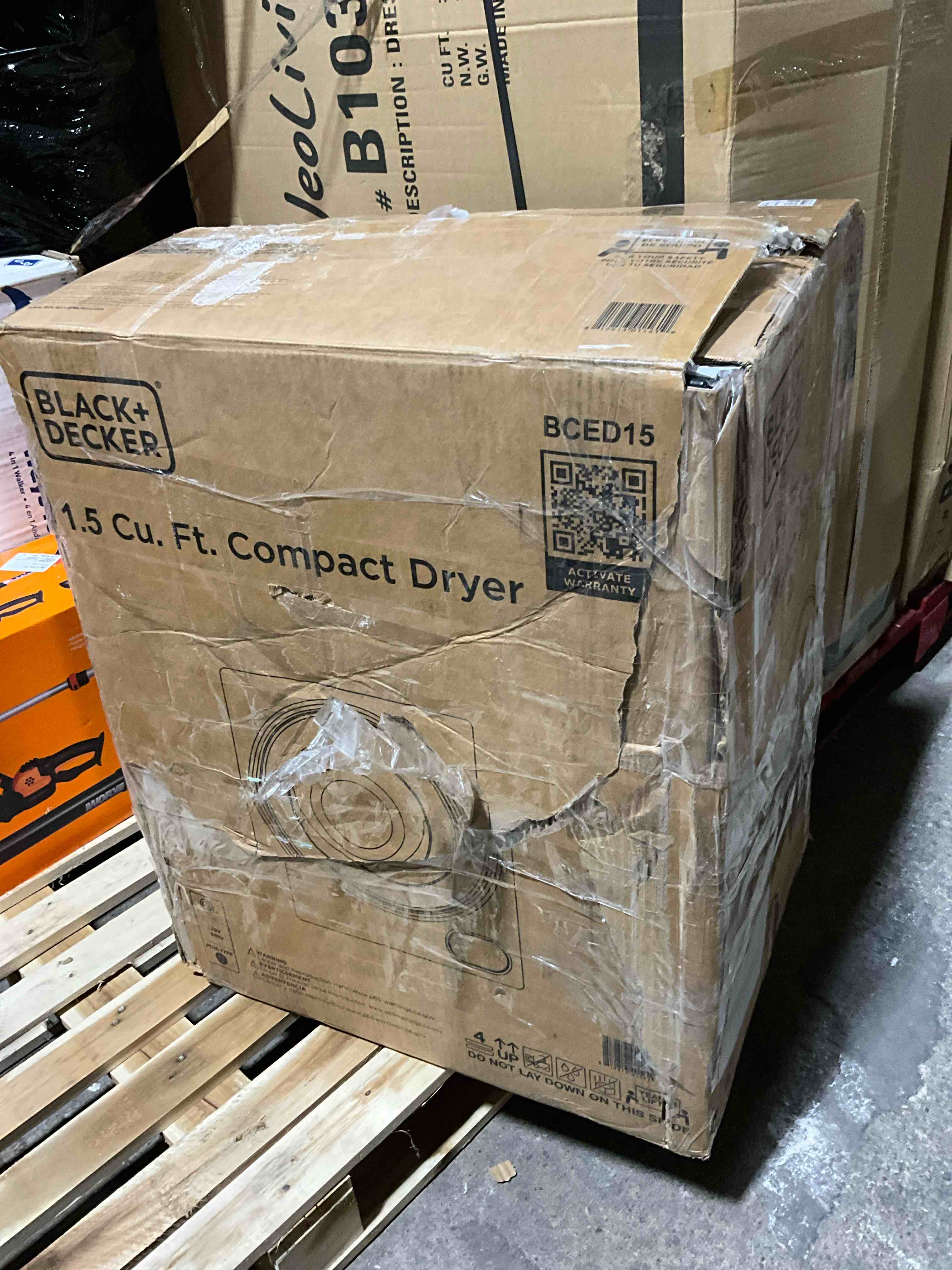 Condition photo showing New/Like New for Black+Decker - 1.5 Cu.Ft. Stackable Smart Electric Dryer with Standard Wall Outlet - White