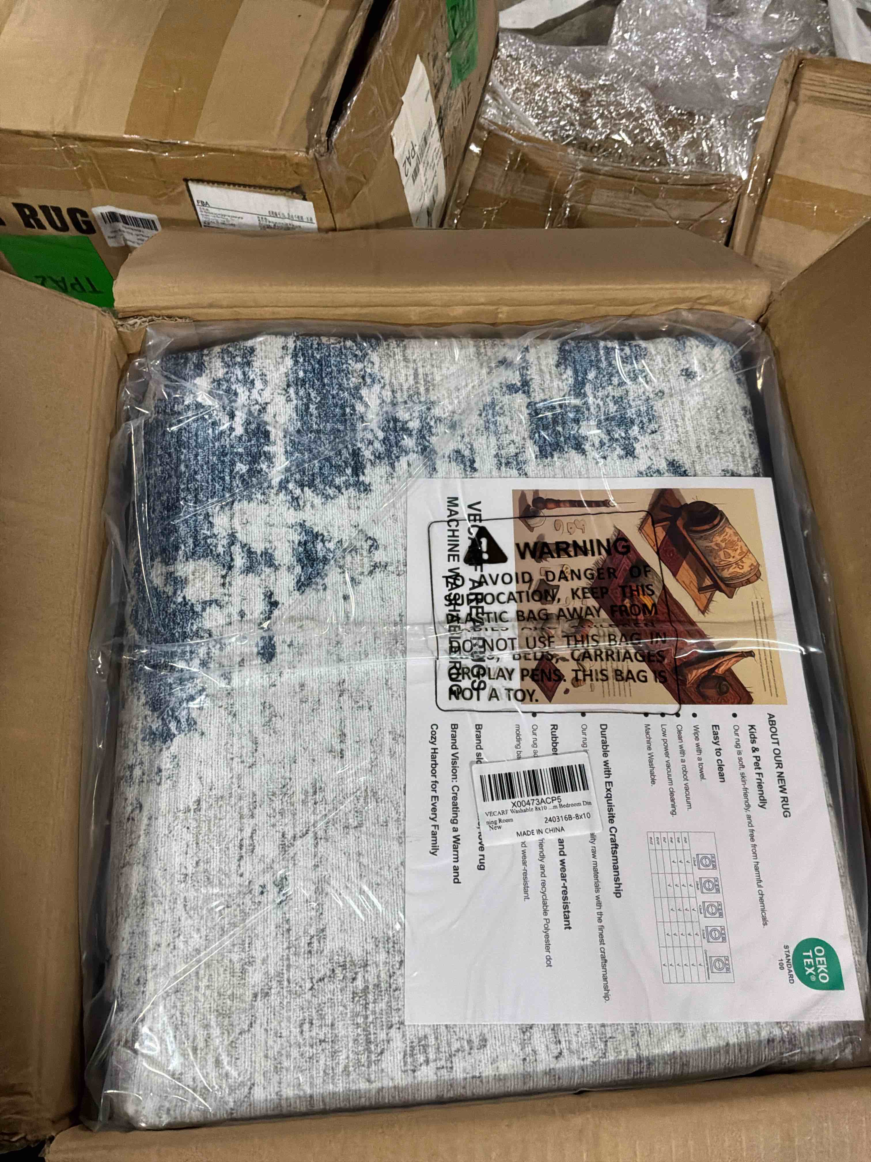 Condition photo showing New/Like New for Rugcomf Area Rug 8 x 10 Washable Rug Boho Soft Abstract Pattern Non-Slip Non-Shedding Faux Wool Vintage Rug for Living Room, Bedroom Rug, Farmhouse, Dining Room, Indoor, Kids Playroom, Blue