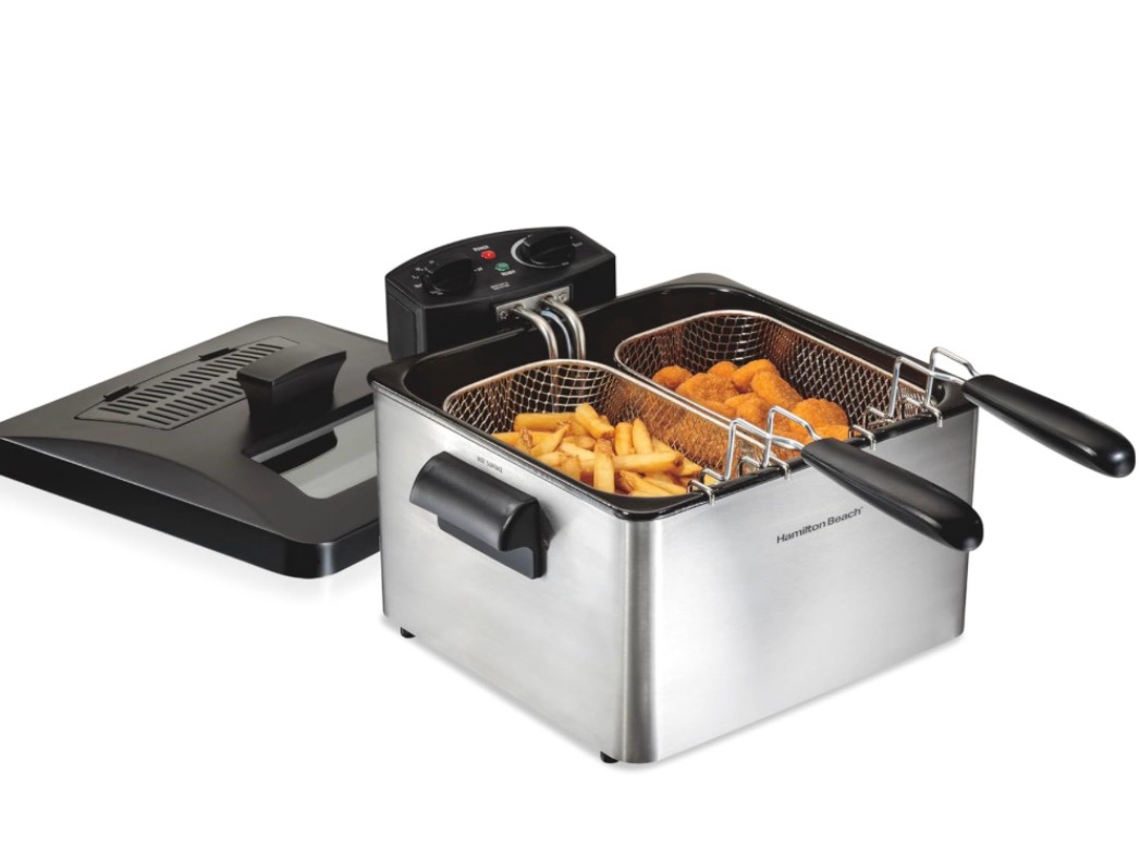 hamilton beach triple basket electric deep fryer, 4.7 quarts / 19 cups oil capacity, lid with view window, professional style, 1800 watts, stainless steel (35034)