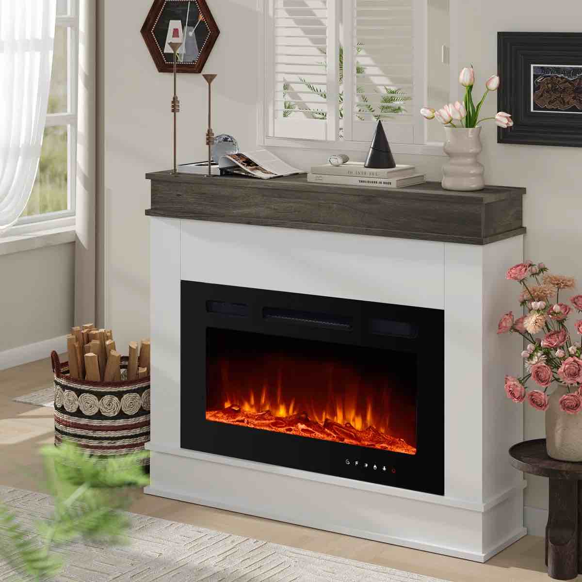 electric fireplace with mantel, fireplace tv stand with electric fireplace heater, low noise, remote control, touch screen, timer, adjustable flame color & brightness