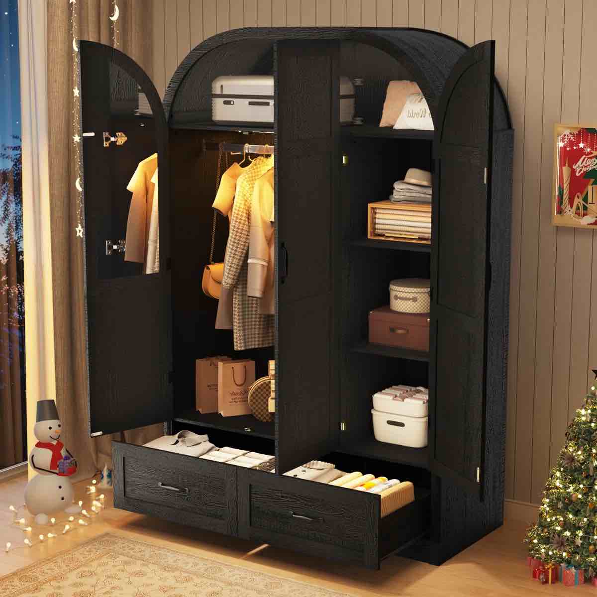 3 doors armoire wardrobe closet with mirror & lights, 71" farmhouse arched wood wardrobe cabinet with 2 drawers, hanging rod, modern clothing storage closet cabinet for bedroom