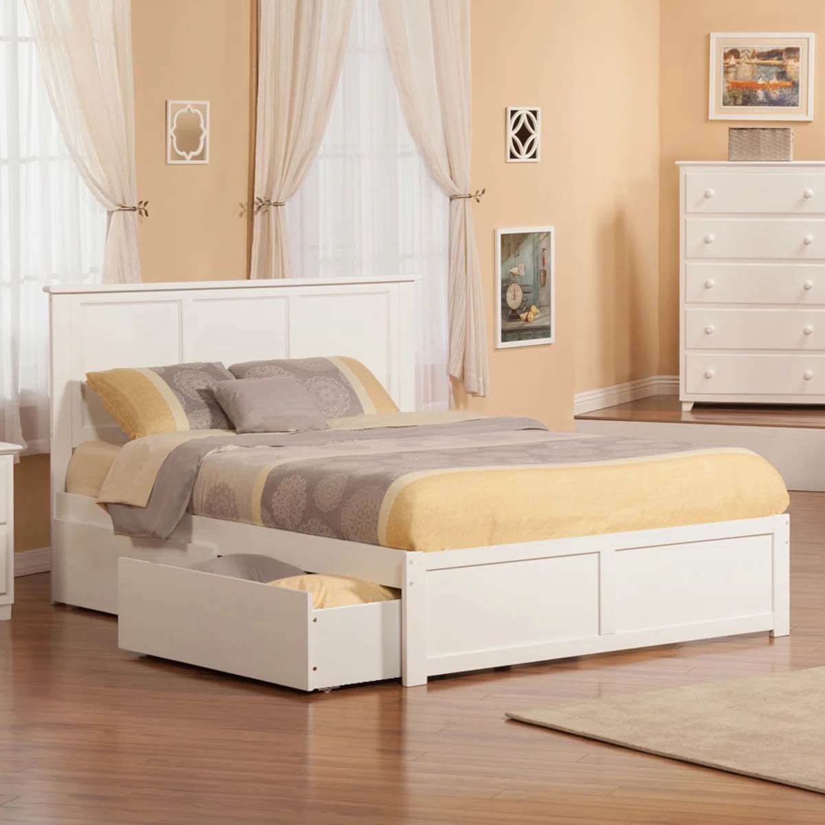 amear solid wood platform bed with panel footboard and storage drawers queen/king