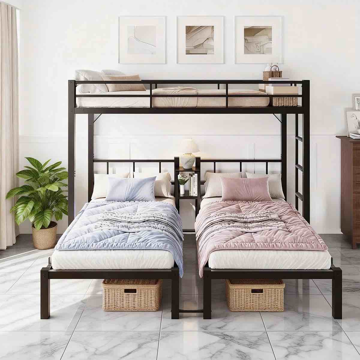 metal triple bunk bed twin over twin over twin,3 bunk beds with shelves for kids,teens and adults,heavy duty,black