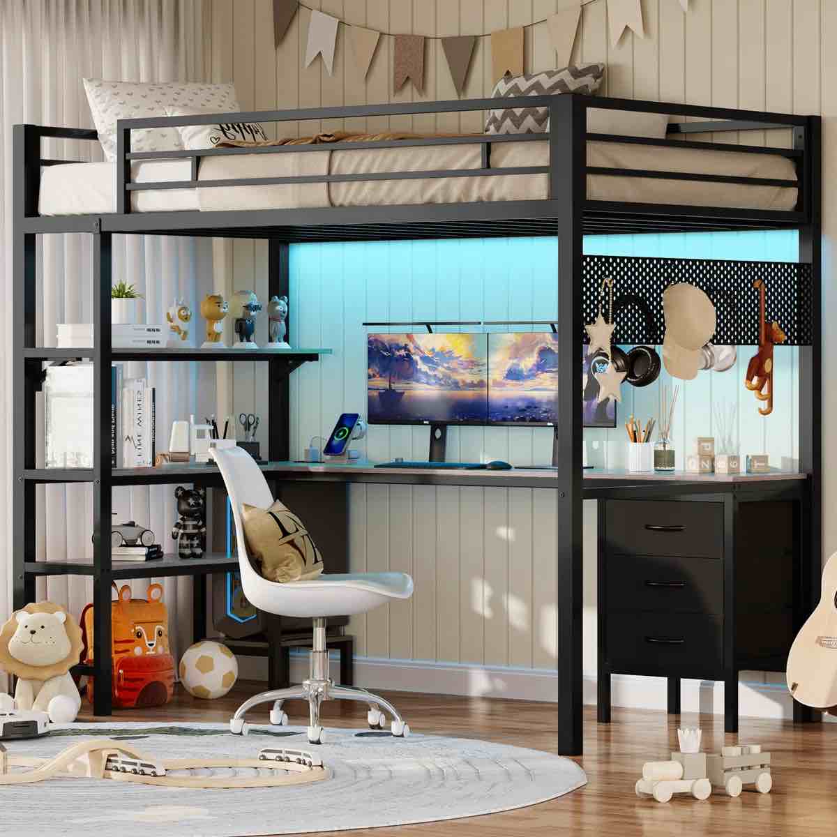 twin size loft bed with l-shaped desk, led lights,charging station,twin metal loft bed with desk and fabric drawers and shelves, 13.4" h safety guard, no box spring needed