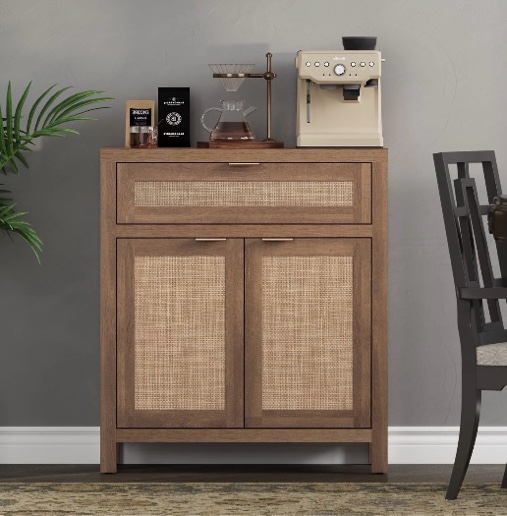 SICOTAS 30" Sideboards Buffets Cabinets with Drawer, Boho Rattan Kitchen Storage Cabinets with Adjustable Shelves, Coffee Bar Station in Oak