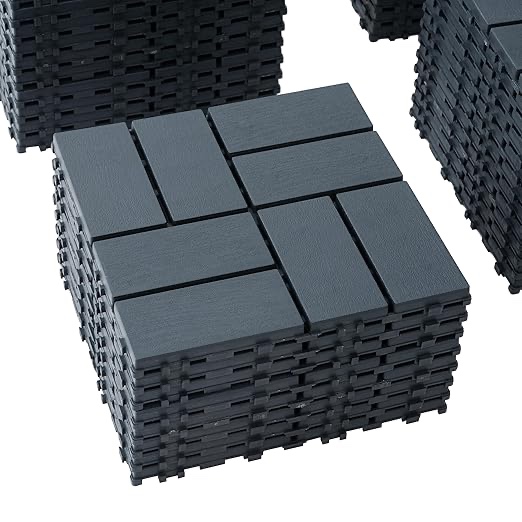 plastic interlocking deck tiles , 12x12 inches waterproof outdoor patio flooring, easy snap balcony floor tiles for garden, poolside, backyard, pathway, indoor use, dark grey, grid pattern