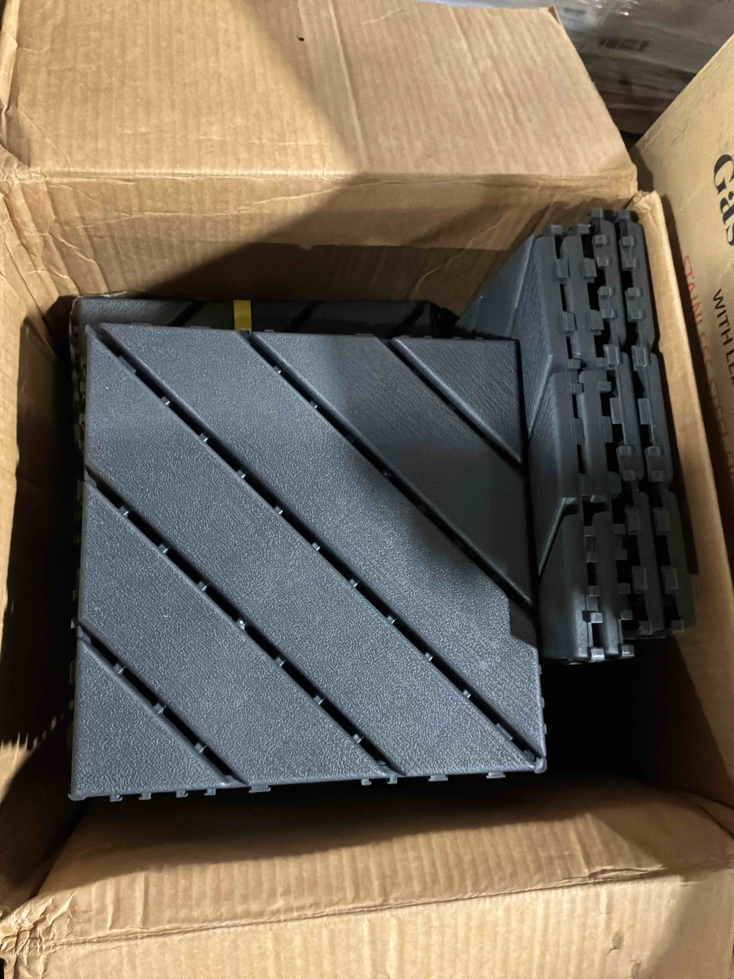 Condition photo showing Good Condition for miniyam interlocking deck tiles, 44 packs 11.8"x11.8" waterproof patio floor decking tiles for porch poolside balcony backyard, all weather use, gray(overlapping)