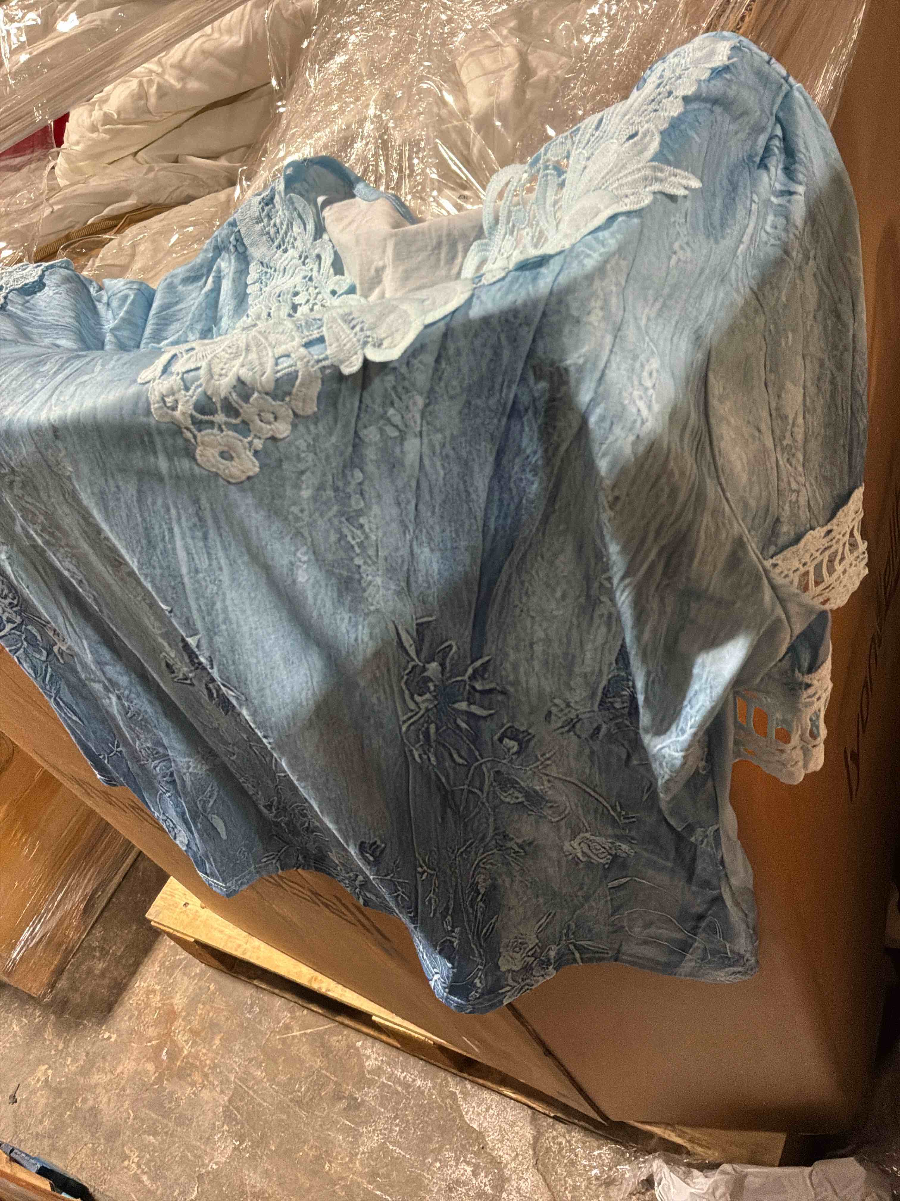 Condition photo showing New/Like New for plus size, women's plus size elegant contrast lace trim short sleeve t-shirt - paisley print bohemian style, breathable & machine washable, versatile casual to dressy top for all seasons, allseason apparel, intricate lace detail, soft flowy fabric