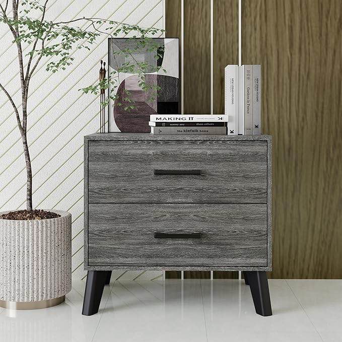 contemporary 2-drawer wooden nightstand with tapered legs, dark grey