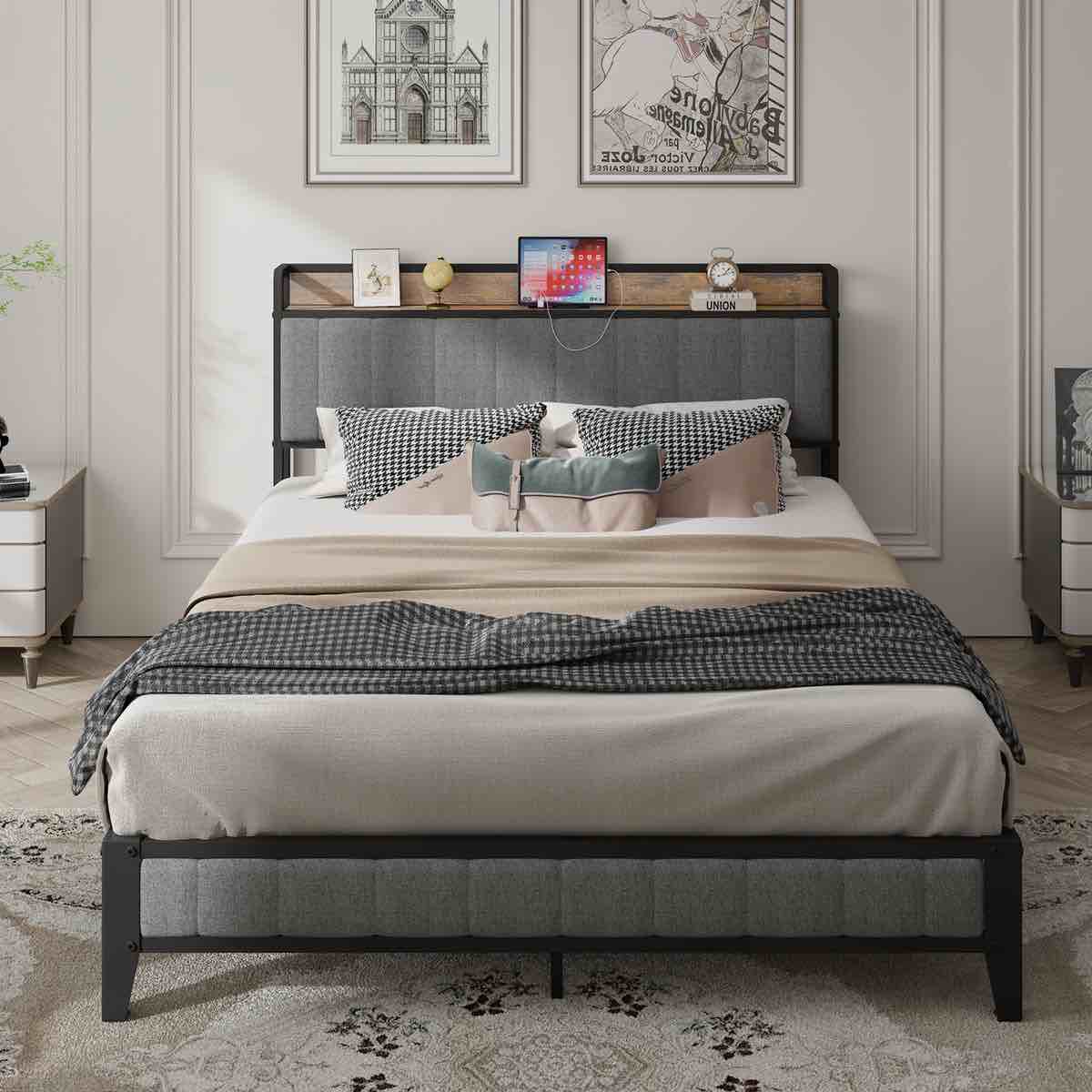 queen size bed frame with charging station, upholstered headboard, metal platform, grey (incomplete one box of two only)