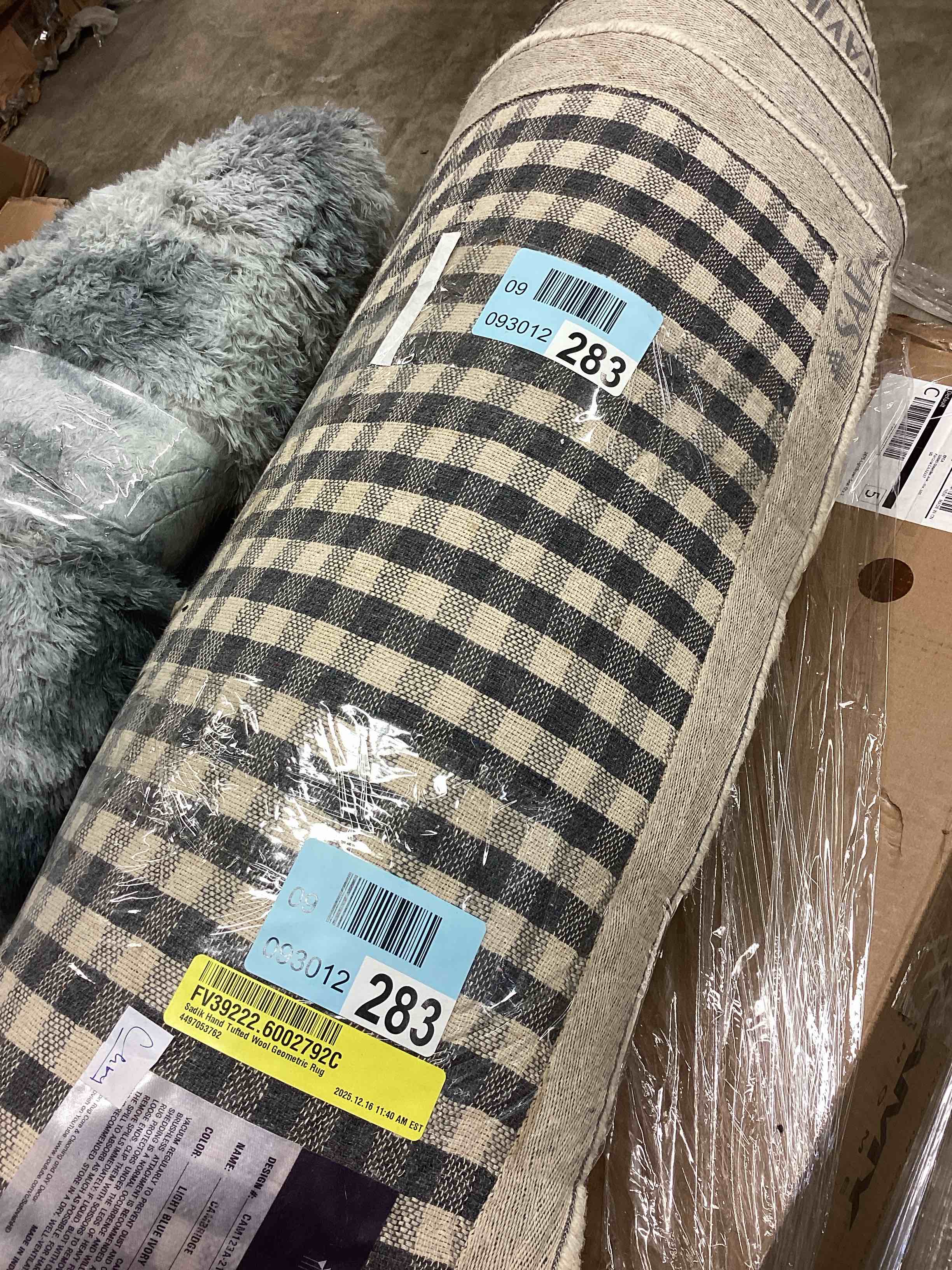 Condition photo showing As Is for light blue / ivory 2'-6" x 16' flaw in runner, 1172559712 cam123a-216